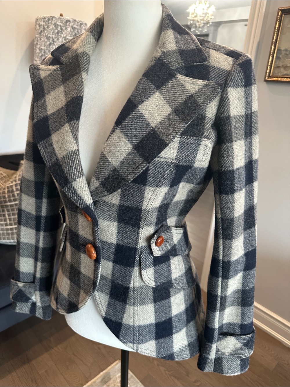Smythe equestrian Cream and Navy Plaid Wool-Blend Blazer - Picture 2 of 13